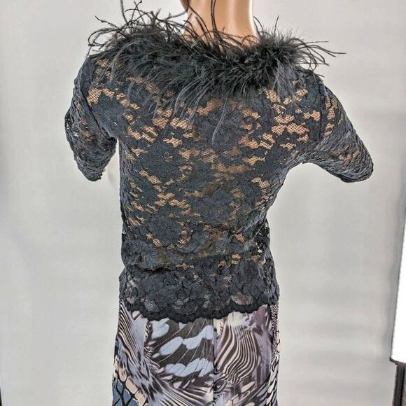Vintage 90s y2k Lace Top Feather Collar Whimsigoth Black Stretch Clueless M - Picture 3 of 11